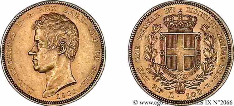ITALIE - ROYAUME DE SARDAIGNE - CHARLES-ALBERT 100 lires or 1835 Turin SUP 