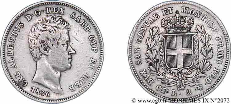 ITALY - KINGDOM OF SARDINIA - CHARLES-ALBERT 2 lires 1836 Turin VF 