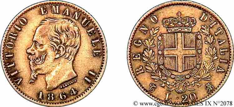 ITALIA - REGNO D ITALIA - VITTORIO EMANUELE II 20 lires or 1864 Turin XF 