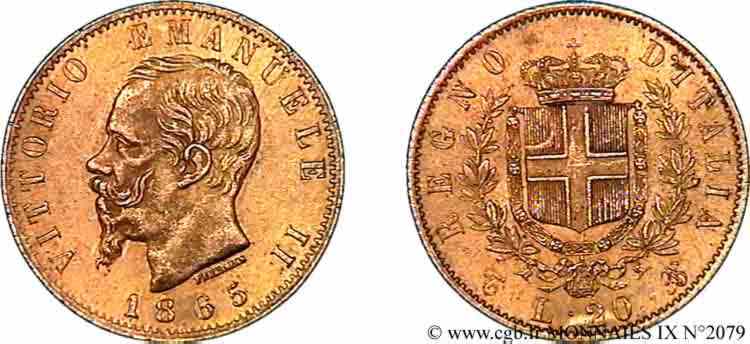 ITALIA - REGNO D ITALIA - VITTORIO EMANUELE II 20 lires or 1865 Turin AU 