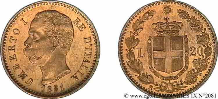 ITALY - KINGDOM OF ITALY - UMBERTO I 20 lires or 1881 Rome MS 