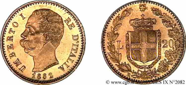 ITALIE - ROYAUME D ITALIE - HUMBERT Ier 20 lires or 1882 Rome MS 