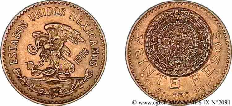 MEXIQUE - RÉPUBLIQUE 20 pesos or 1918 Mexico, M° AU 