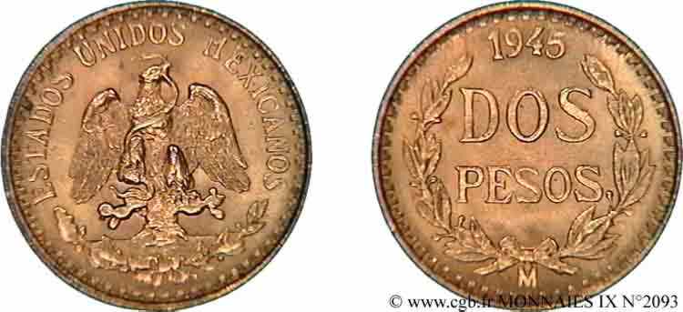 MEXIQUE - RÉPUBLIQUE 2 pesos or 1945 Mexico, M° AU 