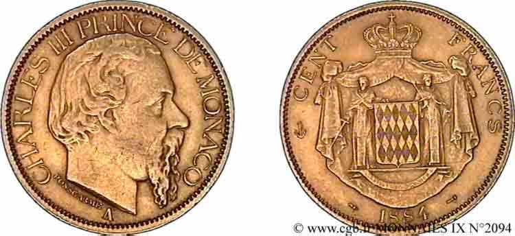 MONACO - PRINCIPALITY OF MONACO - CHARLES III 100 francs or 1884 Paris XF 
