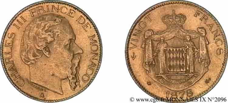 MONACO - PRINCIPAUTÉ DE MONACO - CHARLES III 20 francs or 1878 Paris VZ 