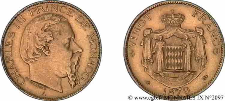 MONACO - PRINCIPAUTÉ DE MONACO - CHARLES III 20 francs or 1879 Paris AU 