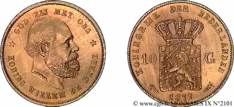 NETHERLANDS - KINGDOM OF HOLLAND - WILLIAM III 10 guldens or ou 10 florins 2e type 1877 Utrecht AU 