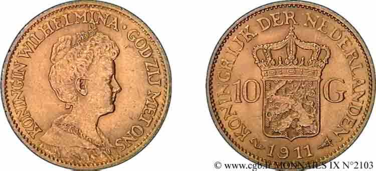 PAYS-BAS - ROYAUME DES PAYS-BAS - WILHELMINE 10 guldens or ou 10 florins 3e type 1911 Utrecht EBC 