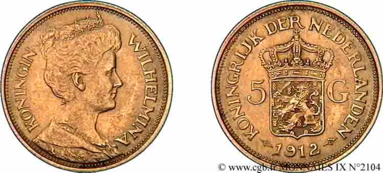 NETHERLANDS - KINGDOM OF THE NETHERLANDS - WILHELMINA 5 guldens or ou 5 florins 1912 Utrecht XF 