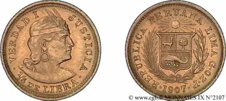 PERU - REPUBLIC 1/5 libra or 1907 Lima AU 