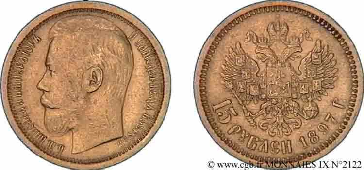 RUSSIA - NICOLA II 15 roubles or, (40 francs or), grosse tête 1897 Saint-Pétersbourg BB 