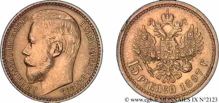 RUSIA - NICOLÁS II 15 roubles or, (40 francs or), petite tête 1897 Saint-Pétersbourg MBC 