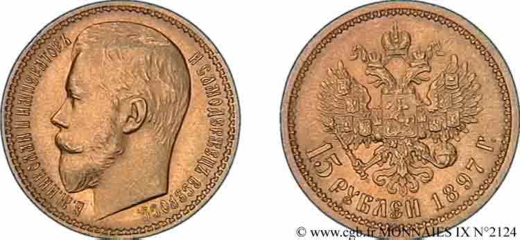 RUSSIA - NICOLA II 15 roubles or, (40 francs or), petite tête 1897 Saint-Pétersbourg AU 