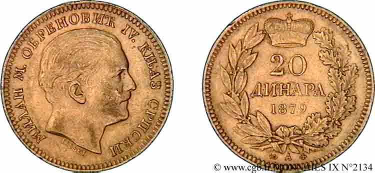 KINGDOM OF SERBIA - MILAN IV OBRENOVIC 20 dinara or 1879 Paris XF 