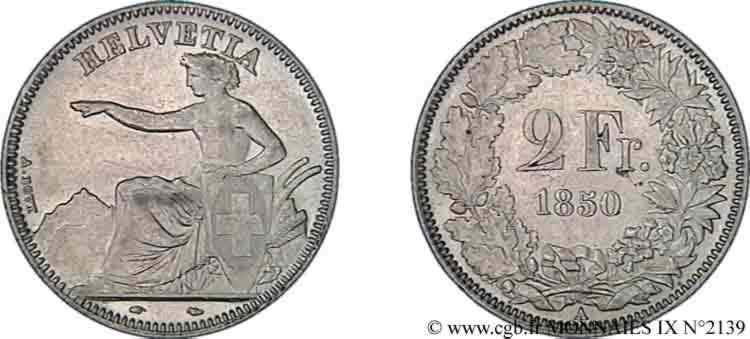 SUISSE - CONFEDERATION 2 francs 1850 Paris AU 