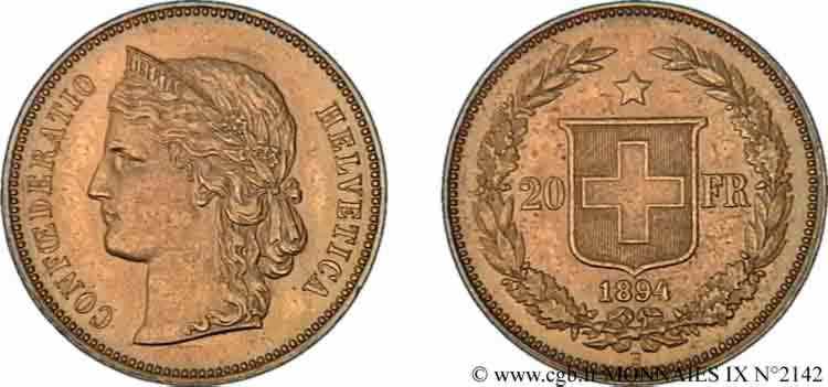 SWITZERLAND - HELVETIC CONFEDERATION 20 francs or 1894 Berne AU 