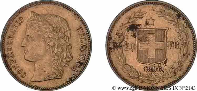 SWITZERLAND - HELVETIC CONFEDERATION 20 Francs or Helvetia 1896 Berne BB 