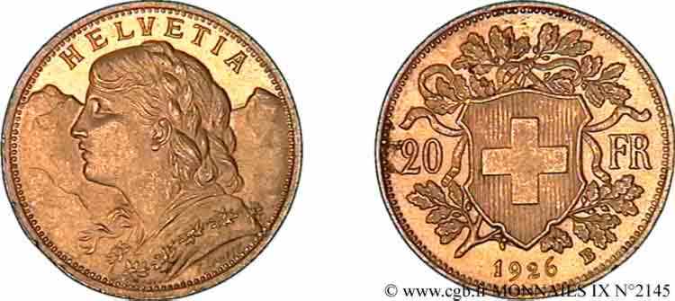 SUISSE - CONFEDERATION 20 francs or  Vreneli  1926 Berne MS 