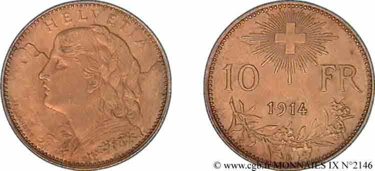 SWITZERLAND - HELVETIC CONFEDERATION 10 francs or  Vreneli  1914 Berne AU 