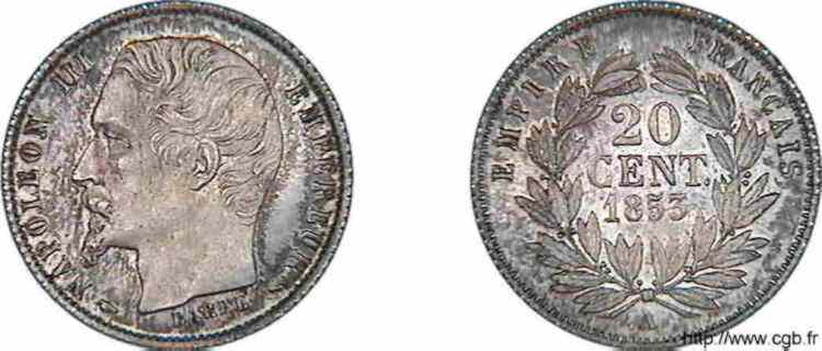 20 centimes Napoléon III , grosse tête, couronne de laurier. Frappe d épreuve 1853 Paris F./ FDC 