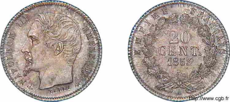 20 centimes Napoléon III, grosse tête, couronne composite de chêne et de laurier, Frappe d épreuve 1853 Paris F./ MS 