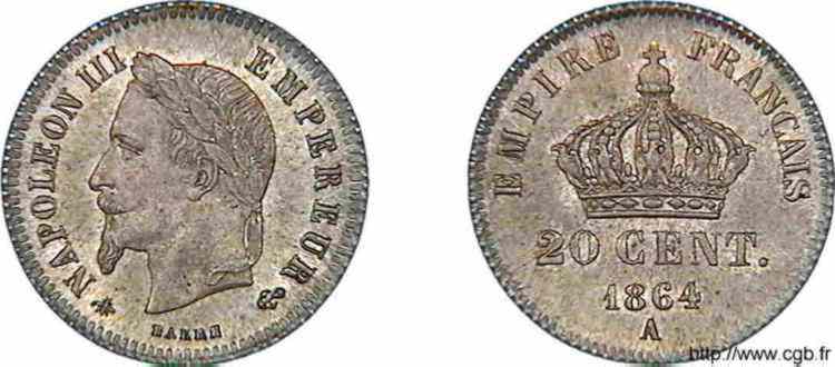 20 centimes Napoléon III tête laurée, petit module 1864 Paris F.149/1 fST 