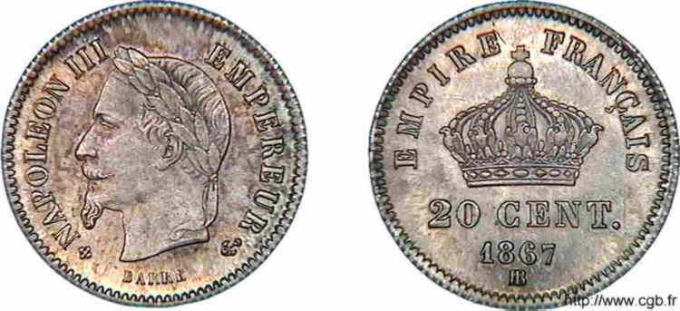 20 centimes Napoléon III tête laurée, grand module 1867 Strasbourg F.150/2 MS 