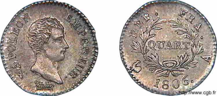 Quart de franc Napoléon empereur calendrier grégorien 1806 Paris F.159/1 FDC 