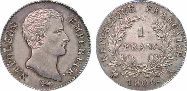 1 franc Napoléon empereur, calendrier grégorien 1806 Paris F.202/1 SC 