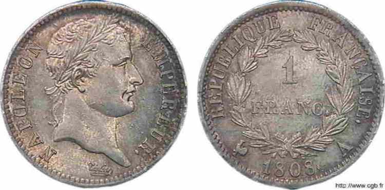 1 franc Napoléon Ier tête laurée, République française 1808 Paris F.204/2 MS 