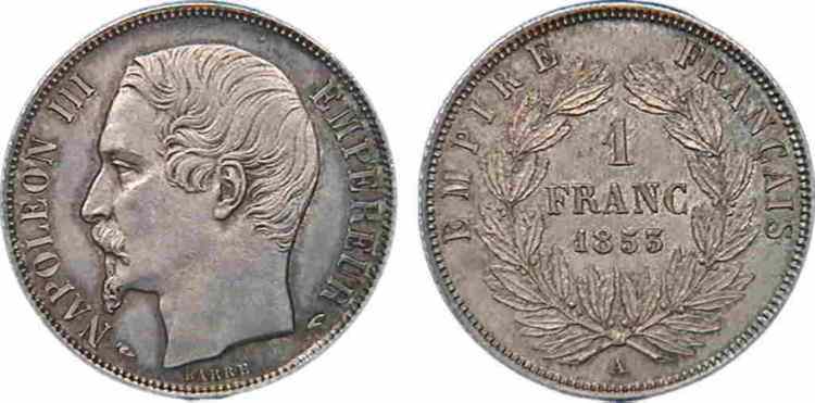 1 franc Napoléon III, grosse tête, couronne de laurier, Frappe d épreuve 1853 Paris F./ MS 