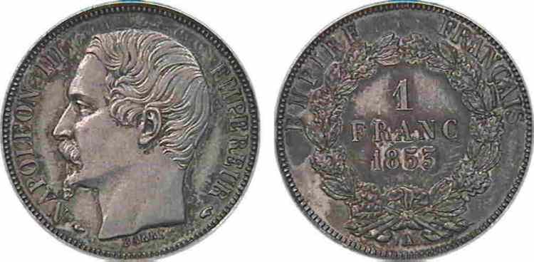 1 franc Napoléon III, grosse tête, couronne composite de chêne et de laurier 1853 Paris F./ SUP 