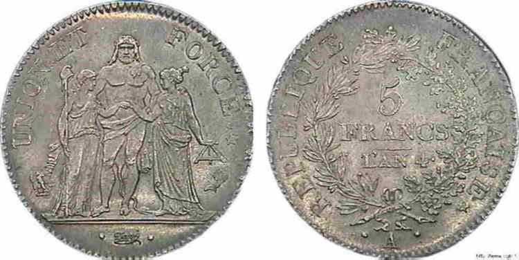 5 francs Union et Force avec glands 1796 Paris F.288/1 MS 