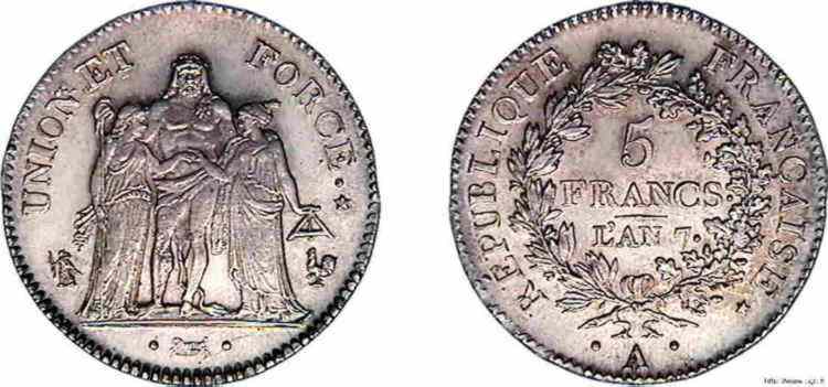 5 francs Union et Force avec glands 1799 Paris F9.287/27 ST 