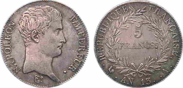 5 francs Napoléon empereur calendrier révolutionnaire 1805 Paris F.303/2 MS 