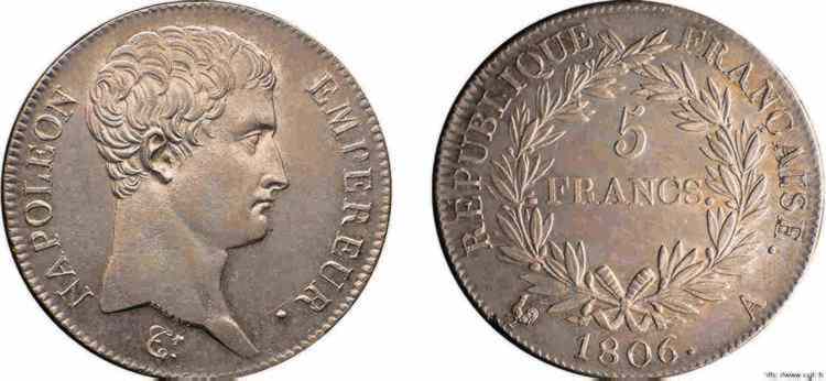 5 francs Napoléon empereur, calendrier grégorien 1806 Paris F.304/1 SC 