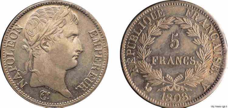 5 francs Napoléon empereur, République française 1808 Paris F.306/2 SC 