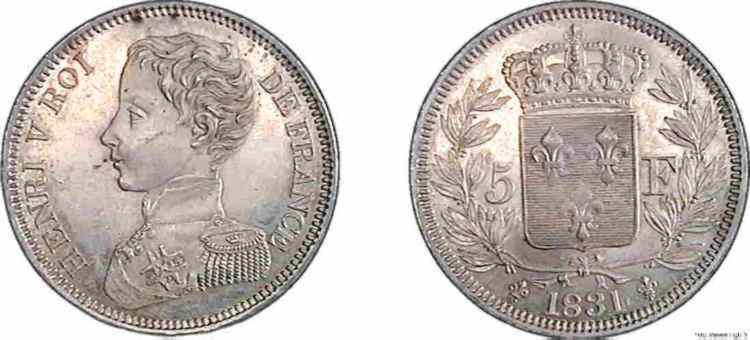 5 francs HENRI V PRÉTENDANT 1831  F./ SPL 