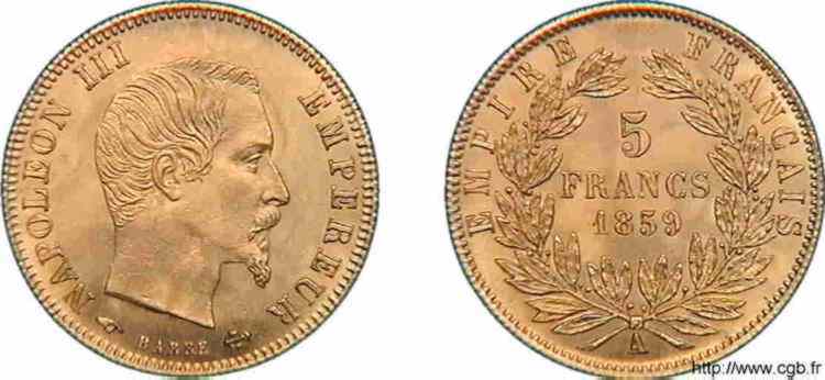 5 francs or Napoléon III, tête nue, grand module 1859 Paris F.501/7 MS 
