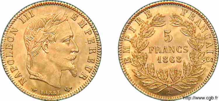 5 francs Napoléon III tête laurée 1868 Paris F.502/13 ST 