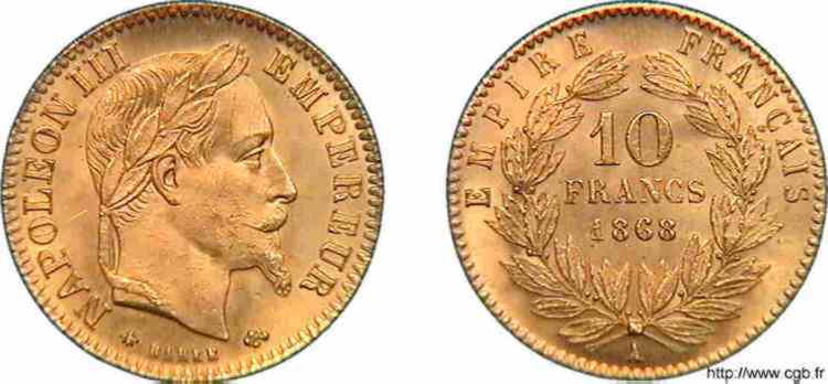 10 francs Napoléon III, tête laurée 1868 Paris F.507A/17 MS 
