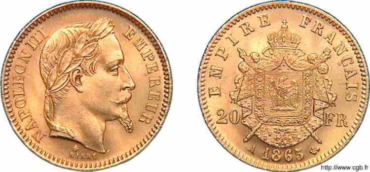 20 francs Napoléon III tête laurée 1865 Paris F.532/11 ST 