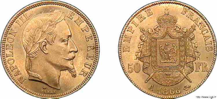 50 francs Napoléon III tête laurée 1866 Paris F.548/6 fST 