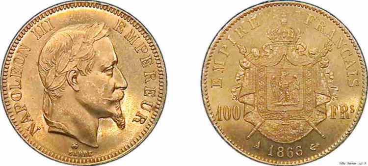 100 francs Napoléon III tête laurée 1866 Paris F.551/6 SPL 