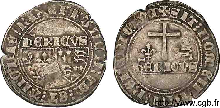 HENRY VI DE LANCASTRE - ROI DE FRANCE (1422-1453) - ROI D ANGLETERRE (1422-1461) et (1470-1471) Blanc aux écus 23/11/1422 Auxerre TB+