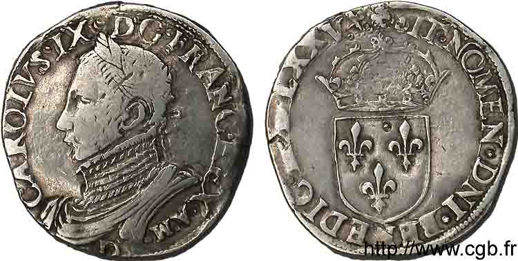 HENRY III. COINAGE AT THE NAME OF CHARLES IX Teston, 11e type 1575 (MDLXXV) Lyon XF