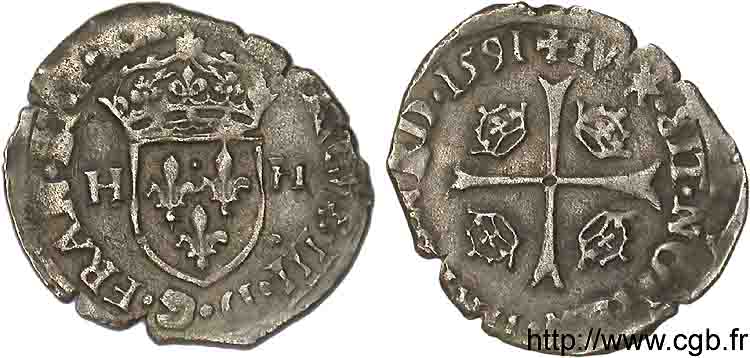 THE LEAGUE. COINAGE IN THE NAME OF HENRY III Douzain aux deux H, 1er type 1591 Limoges AU