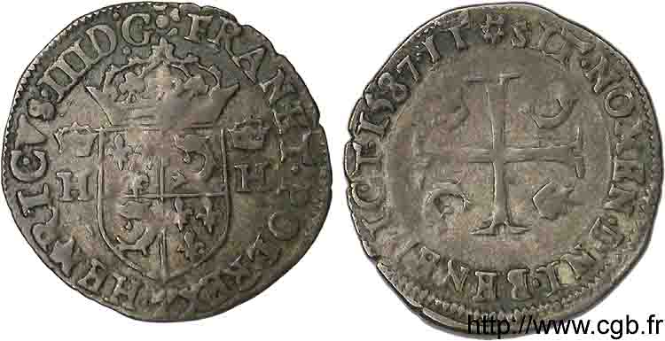 HENRI III Douzain du Dauphiné aux deux H couronnées 1587 Grenoble TTB