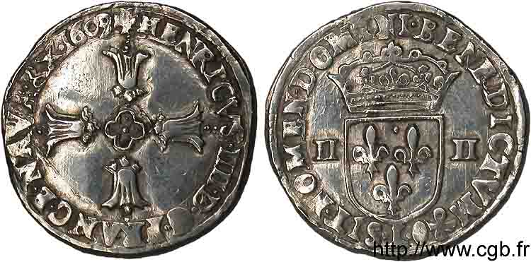 HENRI IV LE GRAND Quart d écu, croix feuillue de face 1609 Bayonne TB+